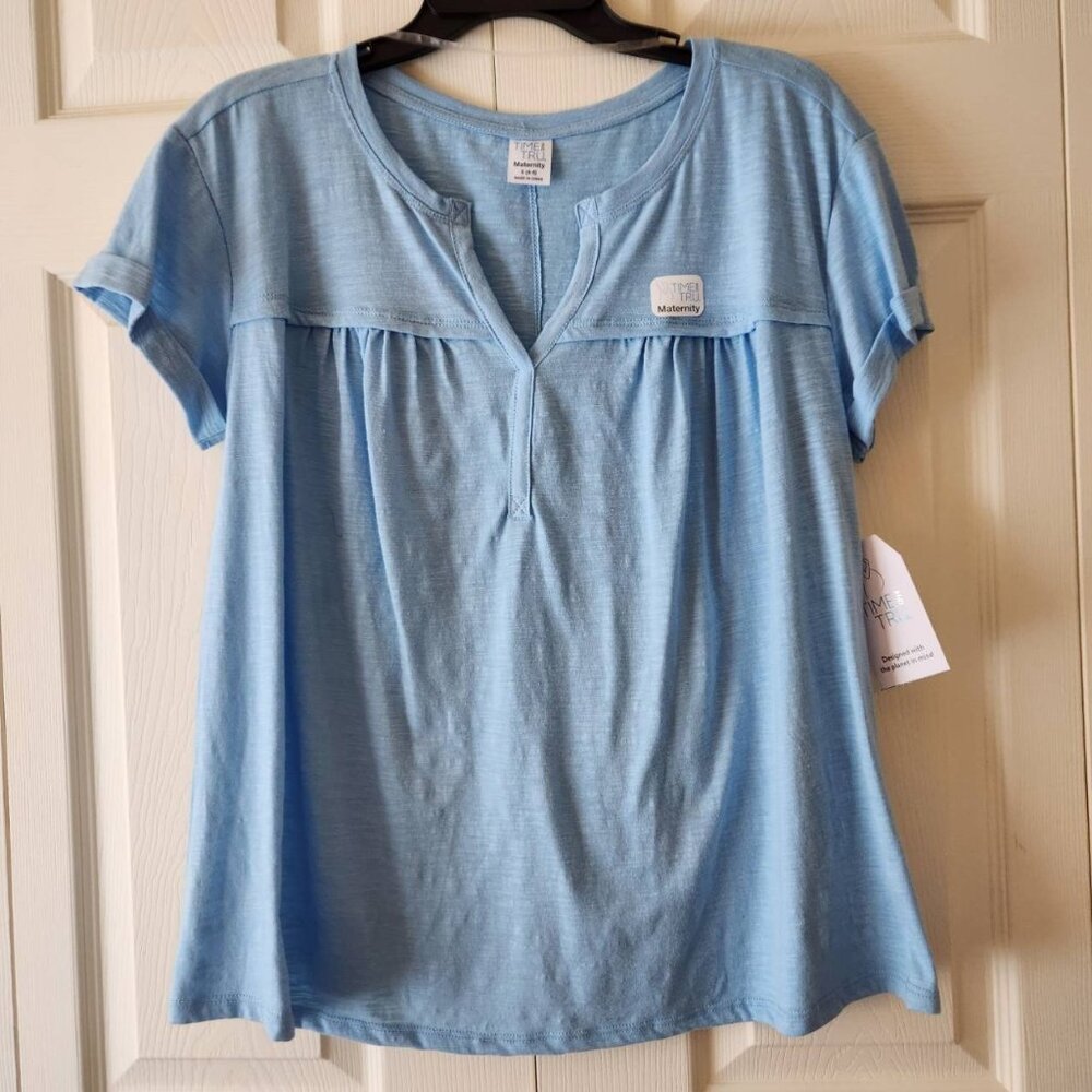 Time And Tru Womens Maternity Blue Top Size S Short Sleeve NWT Split Neck Tee